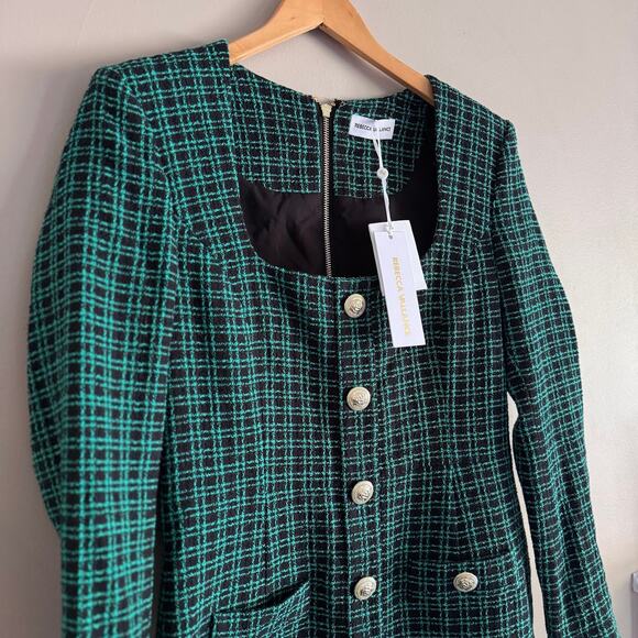 Rebecca Vallance Becca Green Black Check Long Sleeve Mini Dress US 8 UK 12 New - Picture 4 of 11